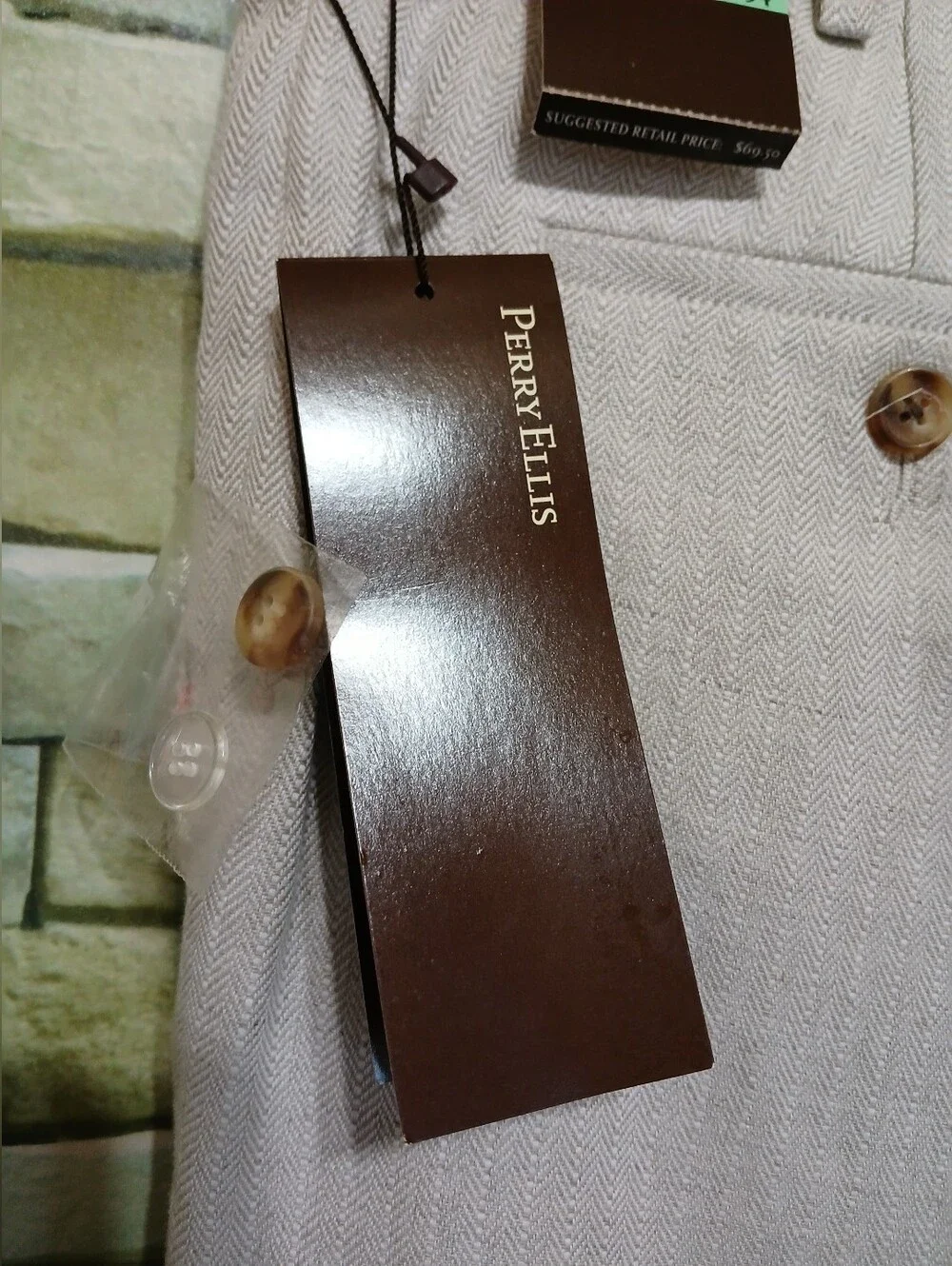 New 34x34 Perry Ellis Beige Dress Pants Tailored Flat-Front Straight Slacks